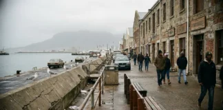Kapské Město: průvodce – co vidět, bezpečnost, ceny Pohled na Kapské Město s Tabulovou horou v pozadí, běžný den u waterfront s místními lidmi