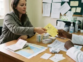 Očkování do Afriky: povinné, doporučené a ceny 2026 Cestovatelka konzultuje s lékařkou v ordinaci cestovní medicíny a přijímá žlutý mezinárodní očkovací průkaz, na stole leží cestovní pas, mapa a krabičky od vakcín