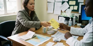 Očkování do Afriky: povinné, doporučené a ceny 2026 Cestovatelka konzultuje s lékařkou v ordinaci cestovní medicíny a přijímá žlutý mezinárodní očkovací průkaz, na stole leží cestovní pas, mapa a krabičky od vakcín