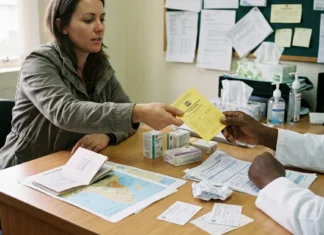 Očkování do Afriky: povinné, doporučené a ceny 2026 Cestovatelka konzultuje s lékařkou v ordinaci cestovní medicíny a přijímá žlutý mezinárodní očkovací průkaz, na stole leží cestovní pas, mapa a krabičky od vakcín